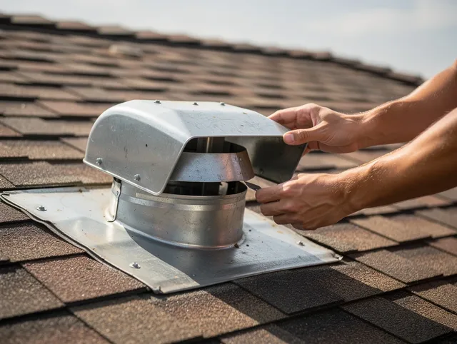 Montebello Dryer Vent Cleaning certified technician safely cleaning a roof-mounted dryer vent in Montebello