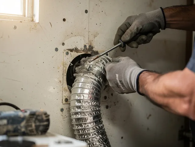 Montebello Dryer Vent Cleaning technician performing precise dryer vent hose installation in Montebello